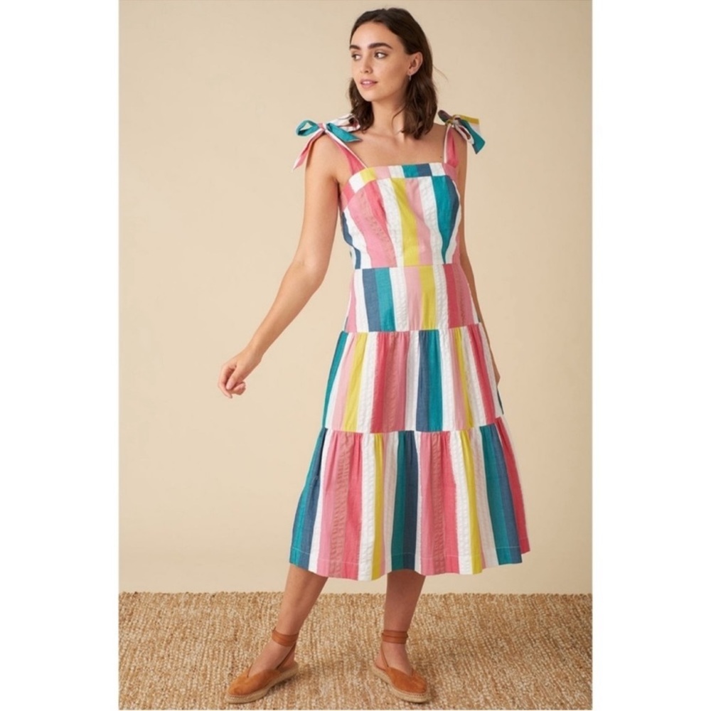 Emily and Fin Iona Dress Summer Rainbow Stripe Sundress midi  Tiered size L